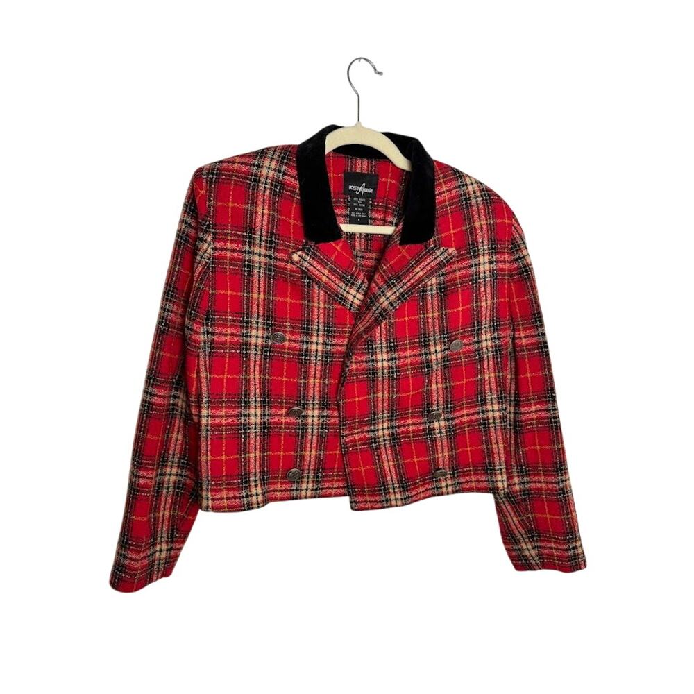 Positive Attitude Red Tartan Plaid Cropped Blazer Velvet Collar Clueless Size 8